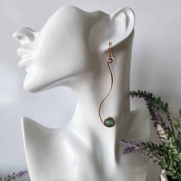 Handmade Copper Wire Wrapped Natural Green Jade Earrings - Elegant, Minimalist - Picture 3 of 8